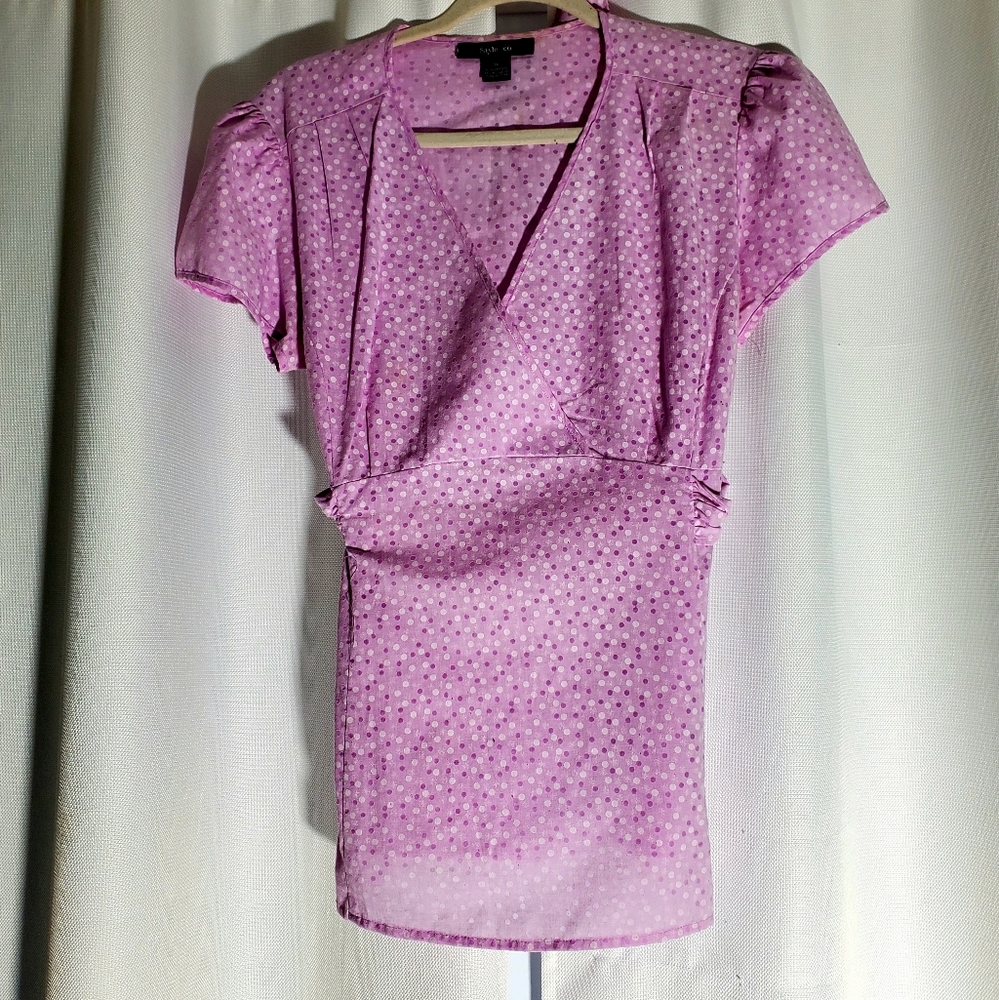 Style & Co. Lilac Polka Dot V-Neck Blouse with Tie in Back